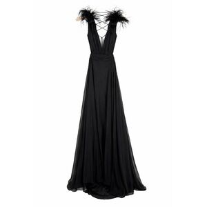 Mac Duggal Lace-Up Evening Gown Sz-12 Black Feather Floor Length Plunge Dress